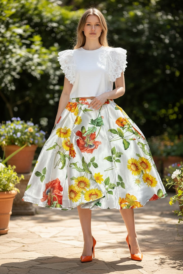 Crochet/Floral Print Midi Skirt Set