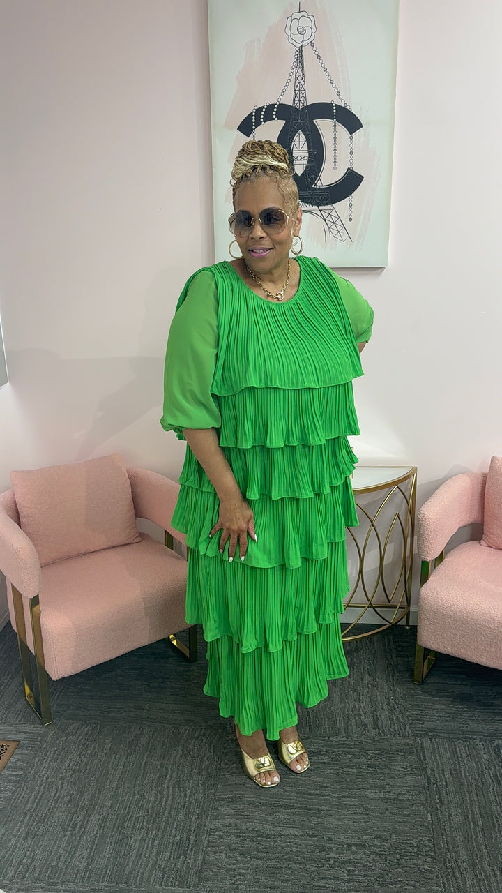 The Emerald Elegance Pleated Top and Skirt Set