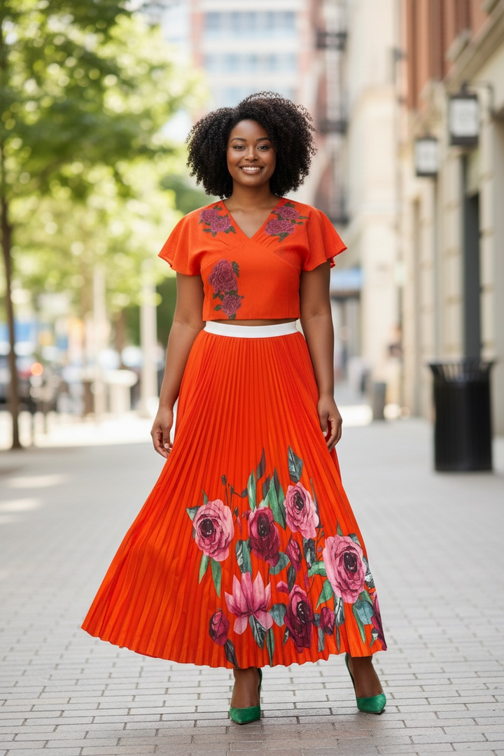 Sheer Floral Pleated Skirt Set