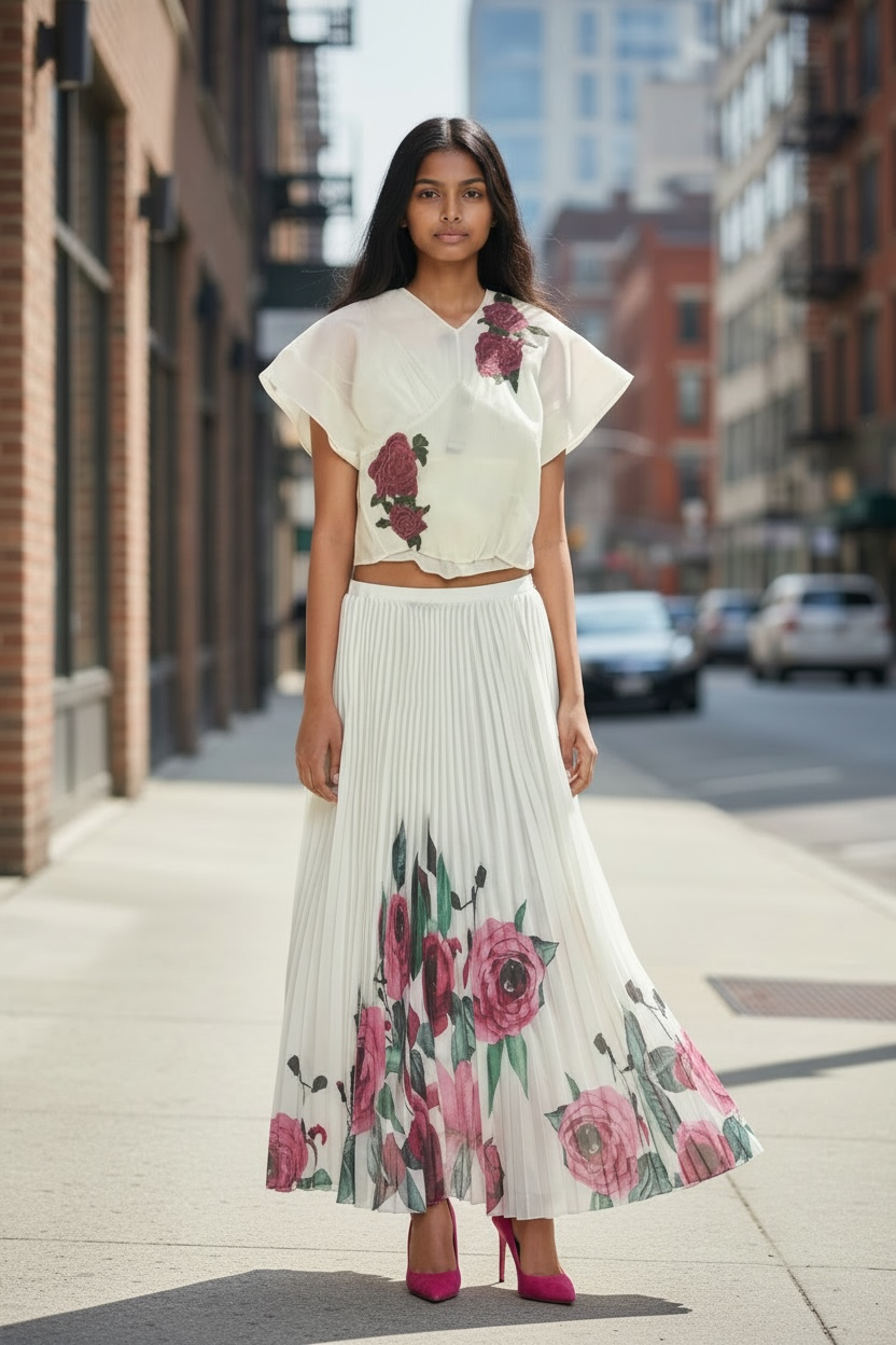 Sheer Floral Pleated Skirt Set