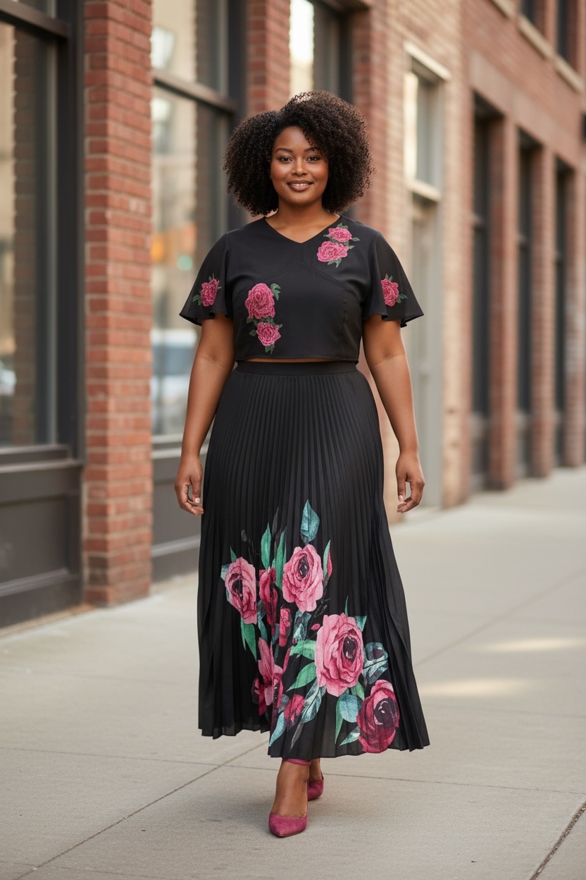 Sheer Floral Pleated Skirt Set